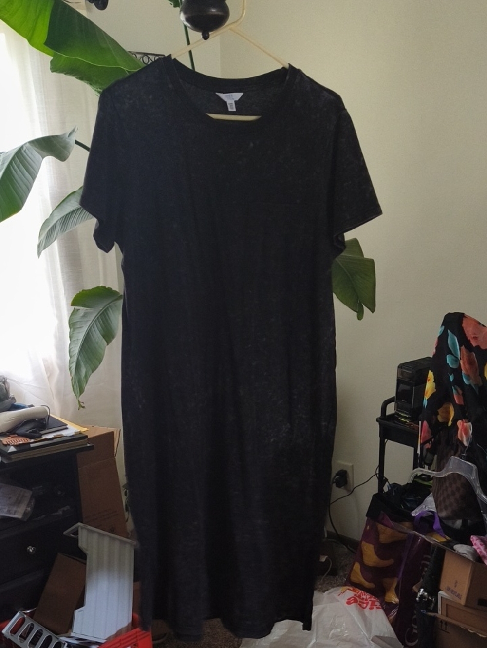 Black Acid Wash Short-Sleeve Maxi T-shirt Dress with Pockets